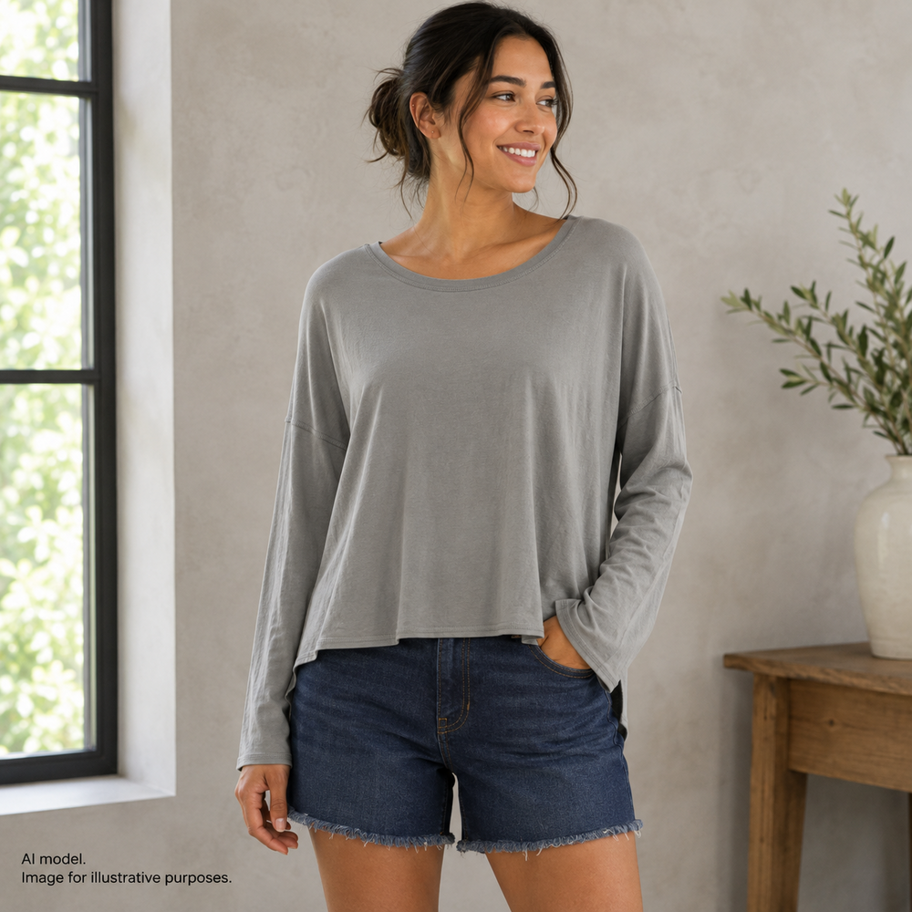 Eileen Fisher Shirt Womens XS Gray Long Sleeve Scoop Neck Soft Oversized Top